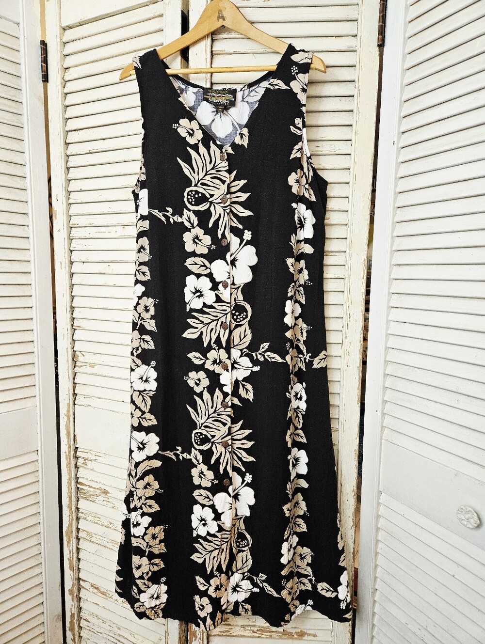 Vintage 90s Button Front Hawaiian Print Maxi Dress Black & Tan Sleeveless Large